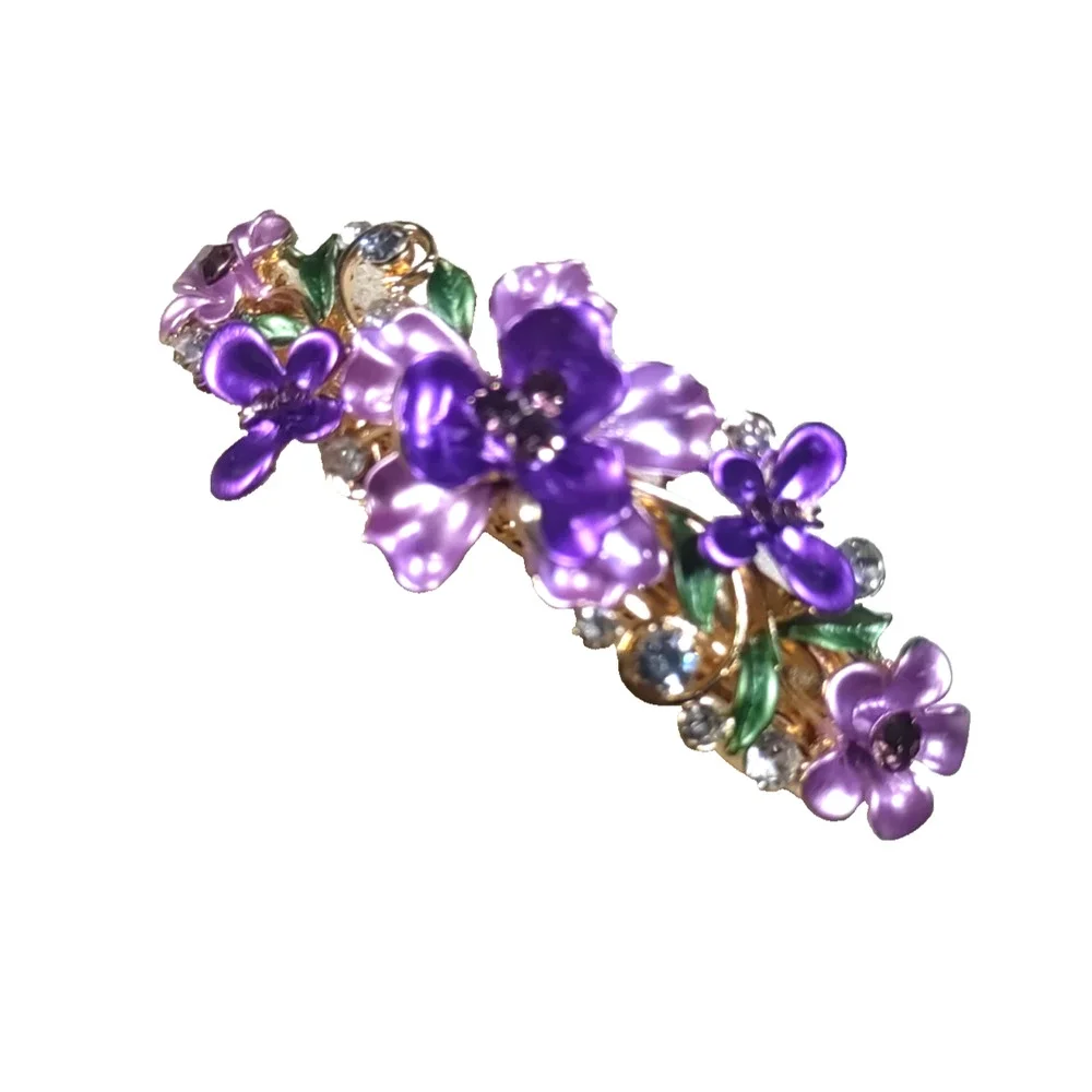 Purple Floral Enamel Metal Hair Barrette Tension Clip Spring Dance Violets
